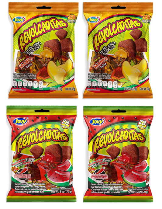 Jovy Revolcaditas Sweet and Spicy Hard Candy Variety 4 Pack, 6 oz back package image - Pops Trading Company