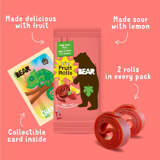 Bear Snacks Real Fruit Rolls Sour Strawberry 5 Pack Gluten Free, Vegan, & Non-GMO back package image - Pops Trading Company