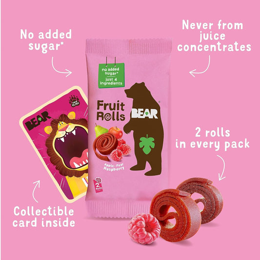 Bear Snacks Real Fruit Rolls Raspberry 5 Packs Gluten Free, Vegan, & Non-GMO back package image - Pops Trading Company