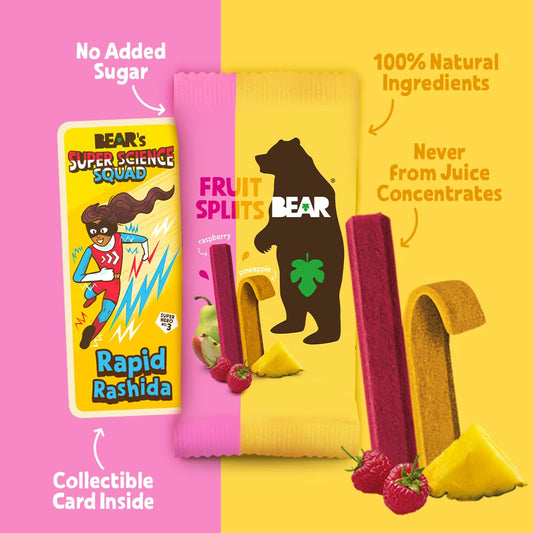 BEAR Fruit Splits Raspberry Pineapple Snack Sticks – 3.5 oz 1 Box = 5 packs back package image - Pops Trading Company