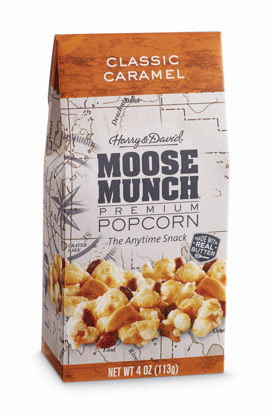 Harry & David Gourmet Popcorn Caramel Moose Munch, 4 Oz back package image - Pops Trading Company