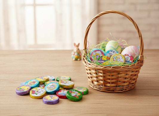 POPS TRADING COMPANY Since 1998 Easter Bunny Munny Chocolate Crisp Coins 8 ounce back package image - Pops Trading Company