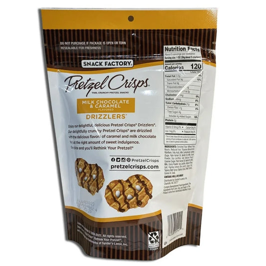 Pretzel Crisps Milk Chocolate Caramel Drizzlers 5.5oz Sweet Snack back package image - Pops Trading Company