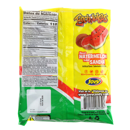 Jovy Watermelon Enchilokas Gummy Candy with Tamarind & Chili – 5.29 oz Peg Bag back package image - Pops Trading Company