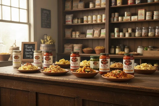 Pops Trading Company Rao's Four Cheese Alfredo Sauce in a 15 oz glass jar, creamy and rich with Italian cheeses.