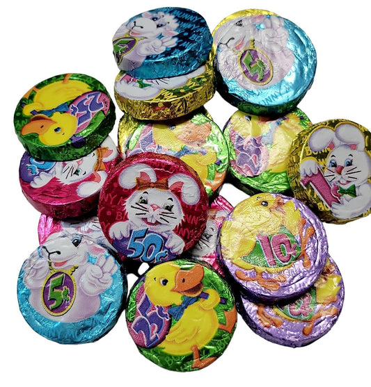POPS TRADING COMPANY Bunny Munny Chocolate Crisp Coins 8 ounces (26pc) front package image - Pops Trading Company