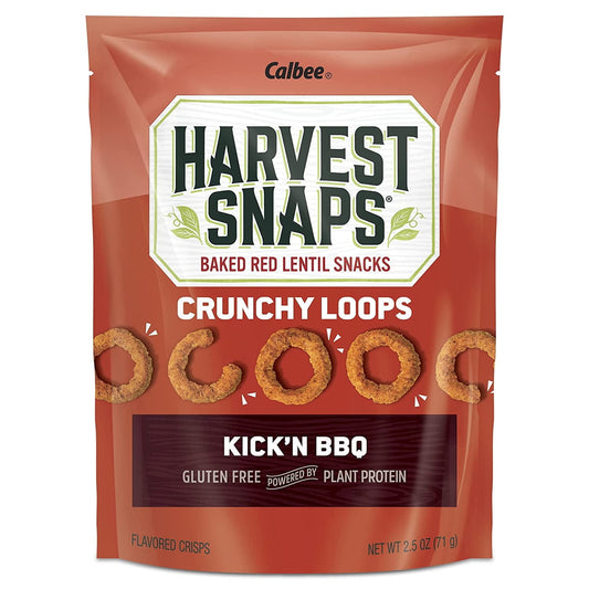 Harvest Snaps Kick’n BBQ Crunchy Loops Gluten-Free Red Lentil Snacks – 2-Pack back package image - Pops Trading Company