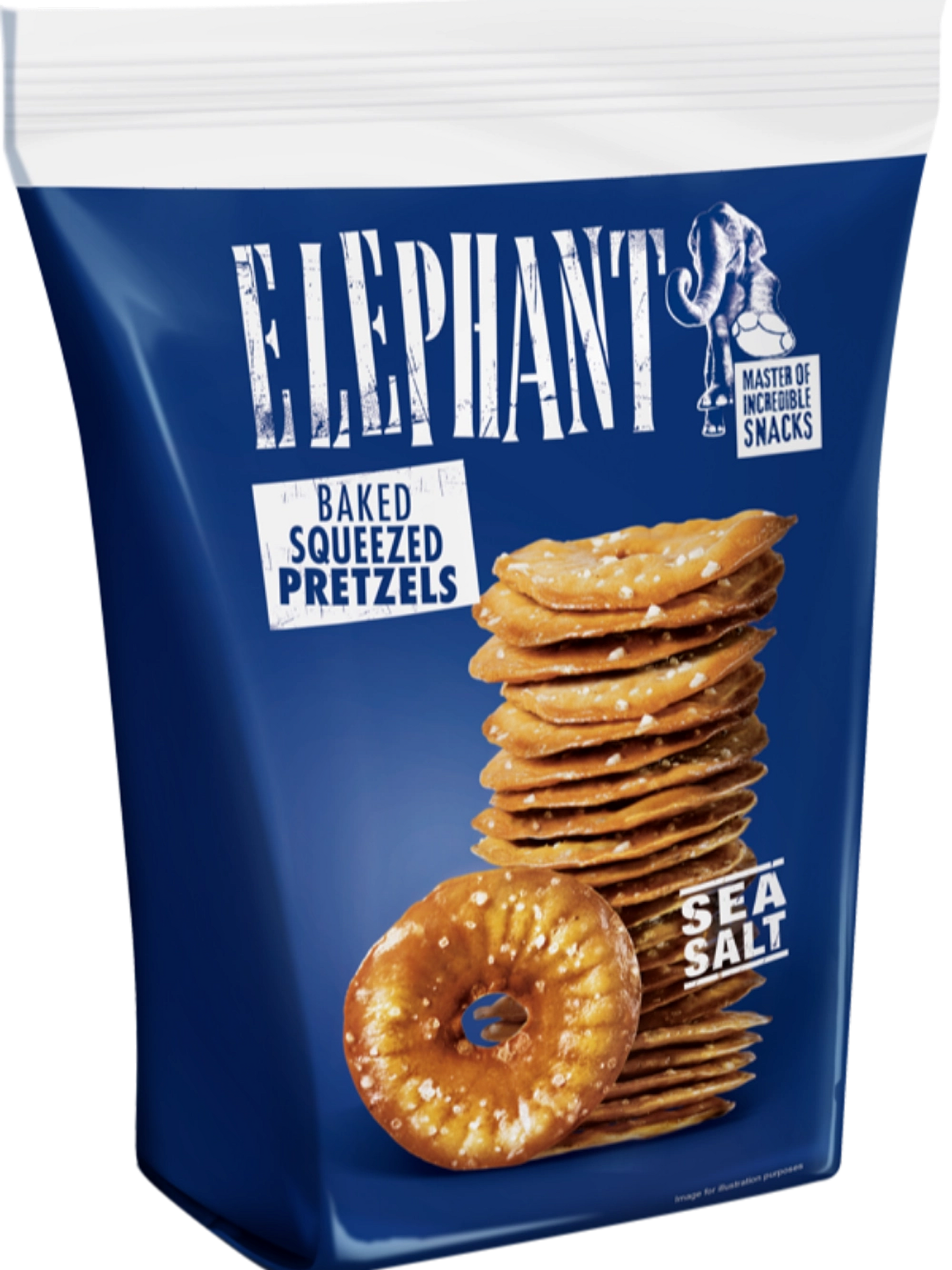 Elephant Baked Squeezed Pretzels, Sea Salt 10.58 Ounce Bag front package image - Pops Trading Company