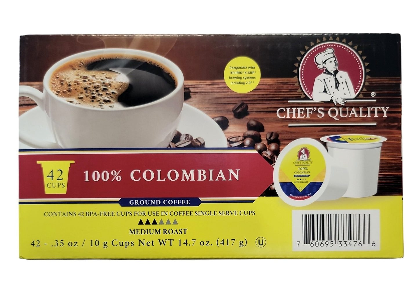 Chef's Quality 100% Colombian Ground Coffee 42ct Single Serve Cups front package image - Pops Trading Company