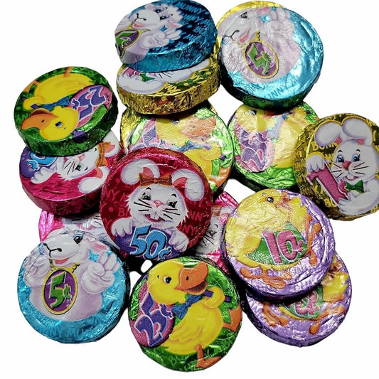 POPS TRADING COMPANY Since 1998 Easter Bunny Munny Chocolate Crisp Coins 8 ounce front package image - Pops Trading Company