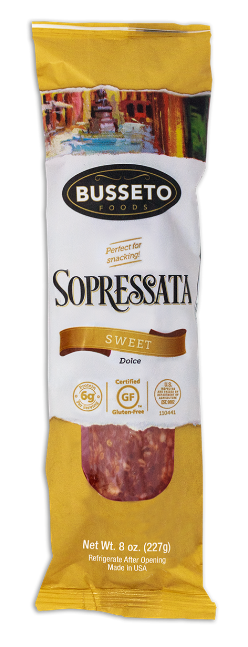 Busseto Dolce Sopressata Chub 8oz Special Order Item: front package image - Pops Trading Company