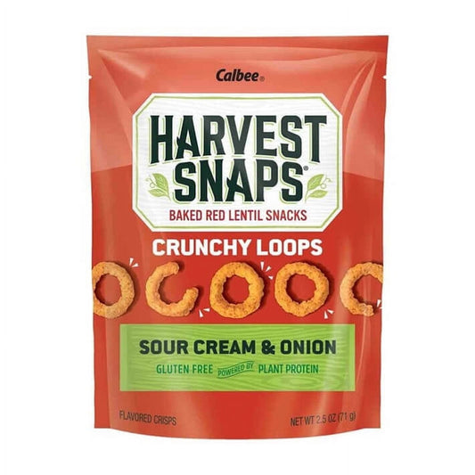 Harvest Snaps Crunchy Loops Baked Red Lentil Snack Sour Cream & Onion 2pk back package image - Pops Trading Company