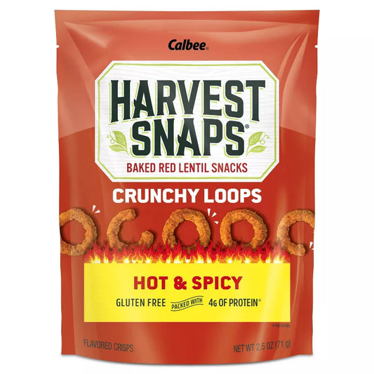 Harvest Snaps Hot & Spicy Crunchy Loops Baked Red Lentil Snacks 2.5oz (Pack of 2 back package image - Pops Trading Company