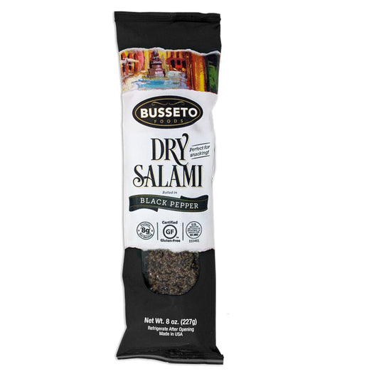 Busseto Dry Cured Salami with Black Pepper – 8 oz Italian Salami Chub front package image - Pops Trading Company