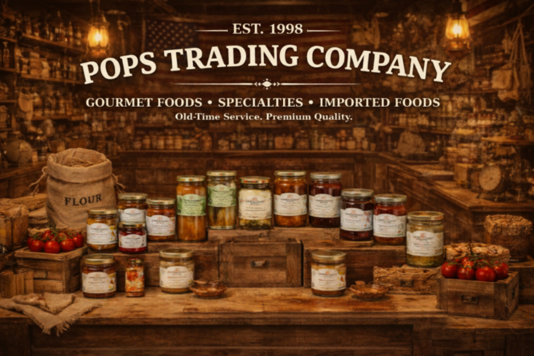 Pops Trading Company advertisement with jars and food items on a wooden counter.