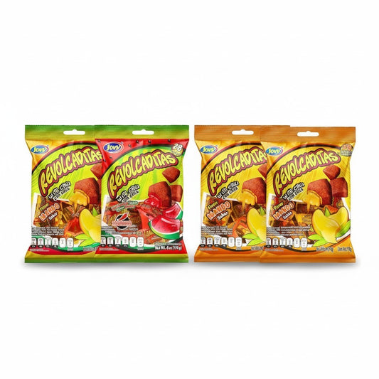 Jovy Revolcaditas Sweet and Spicy Hard Candy Variety 4 Pack, 6 oz front package image - Pops Trading Company