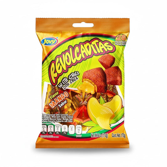 Jovy Mango Revolcaditas Candy – Sweet & Spicy Mango Treats 6 oz Bag front package image - Pops Trading Company