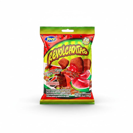 Jovy Watermelon Revolcaditas Candy – 6 oz Peg Bag | Sweet & Spicy Chili-Coated Candy front package image - Pops Trading Company
