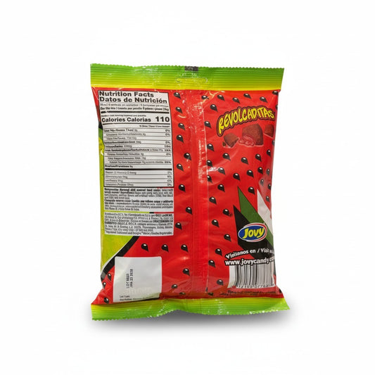 Jovy Watermelon Revolcaditas Candy – 6 oz Peg Bag | Sweet & Spicy Chili-Coated Candy nutrition facts and ingredients image - Pops Trading Company