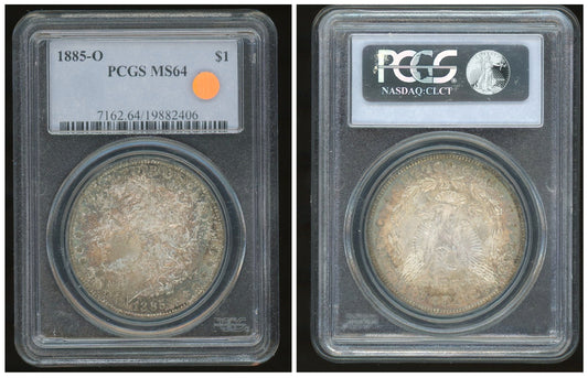 1885-O Morgan Silver Dollar PCGS MS64 certified US coin with natural toning obverse and reverse