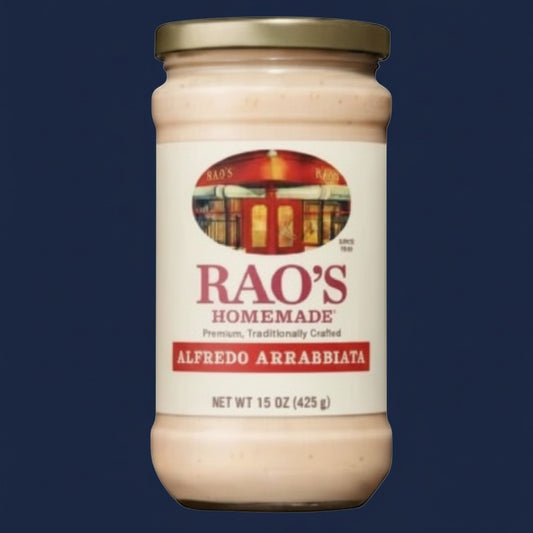 Pops Trading Company Rao's Homemade Alfredo Arrabbiata sauce in a 15 oz glass jar. Creamy, cheesy, and spicy pasta sauce.