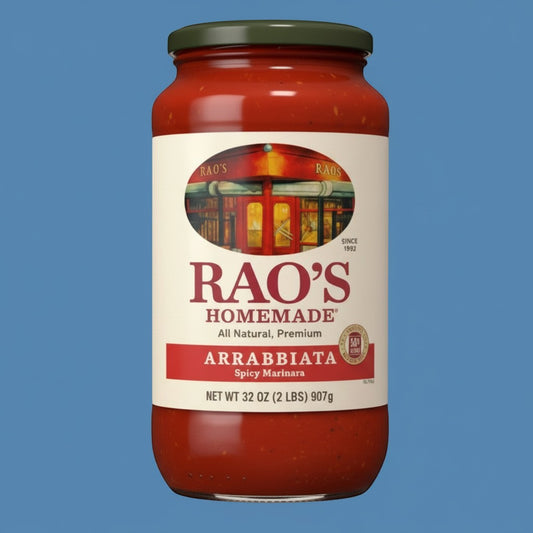 Pops Trading Company Rao's Homemade Arrabbiata Spicy Marinara sauce in a 32 oz jar with a dark green lid.