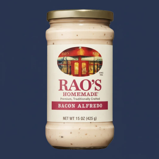 Pops Trading Company Rao's Homemade Bacon Alfredo Sauce 15 oz jar, creamy Italian-style pasta sauce with smoky bacon notes.