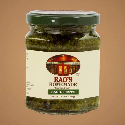 Pops Trading Company Rao's Homemade Basil Pesto Sauce in a 6.7 oz glass jar, made with basil, cashews, and pine nuts.