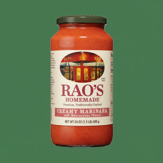Pops Trading Company Rao's Homemade Creamy Marinara sauce in a 24 oz jar, made with Italian tomatoes and mascarpone cheese.