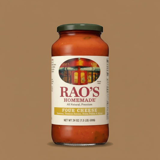 Pops Trading Company Rao's Homemade Four Cheese pasta sauce in a 24 oz jar, made with Asiago, Grana Padano, Pecorino Romano, and Parmigiano Reggiano.