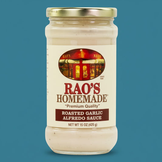 Pops Trading Company Rao's Homemade Roasted Garlic Alfredo Sauce, creamy white sauce with Romano cheese flavor in a 15 oz jar.