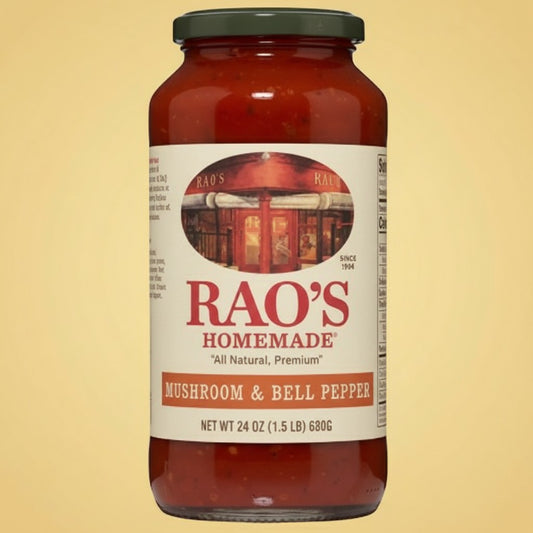 Pops Trading Company Rao's Homemade Mushroom & Bell Pepper Sauce, 24 oz jar. Vegan garden-style Italian pasta sauce with tomatoes, onions, and peppers.