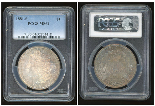 Certified 1881-S Morgan Silver Beautifully Toned  Dollar PCGS MS64 Graded US Coin 416